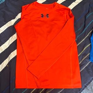 Under armour, 2-long sleeve shirts (1-orange & 1-red), boys youth small
